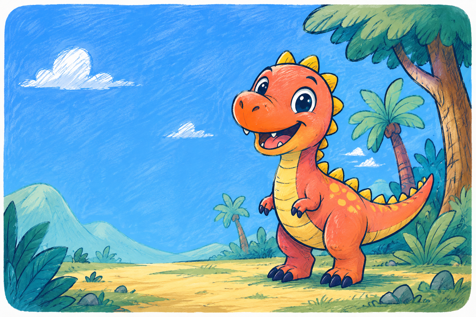Hand-drawn smiling baby dinosaur in a colourful prehistoric forest