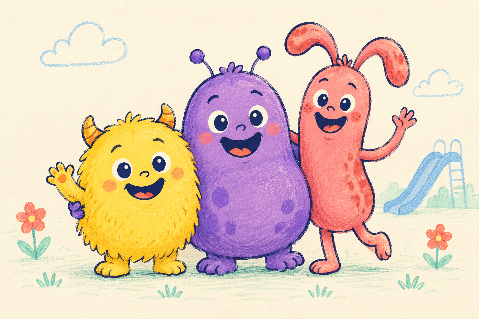 Three friendly smiling monsters in purple, yellow and coral